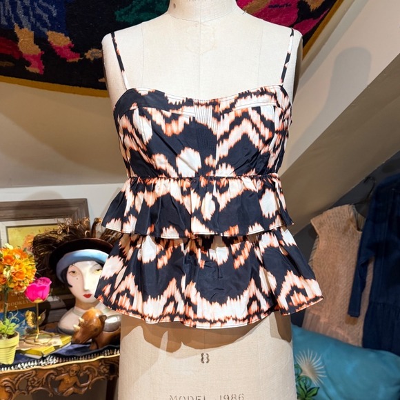 Ulla Johnson Tops - Ulla Johnson Amrita Top Obsidian Ikat Chevron 100% Silk Peplum Cami NWT Size 8